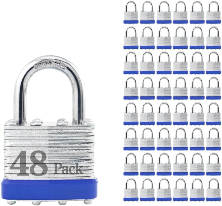 ZonRo Locks Laminated Steel Keyed Padlocks,Keyed Alike Locks, 1-9/16 inch Wide,Normal Shackle Padlocks, Pack of 48，Blue Hoop, for Hasp Latch, Sheds, Fences, Storage Locker, School, Gym…