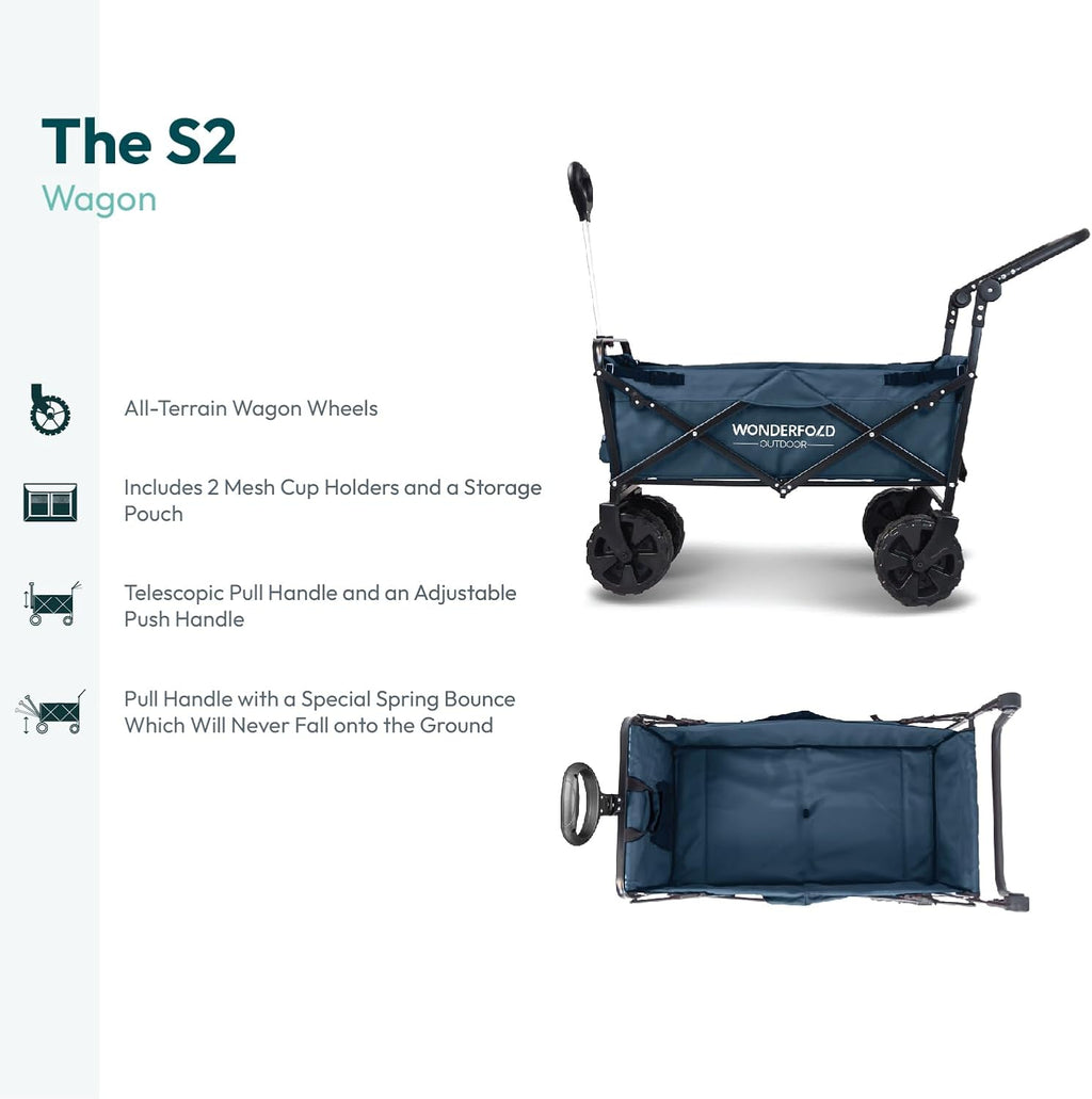 WONDERFOLD S2 Push & Pull Folding Utility Cart with Wide Beach Tires, Adjustable Push Handle, Telescopic Pull Handle with Spring Bounce Technology & Storage Pouch, Blue