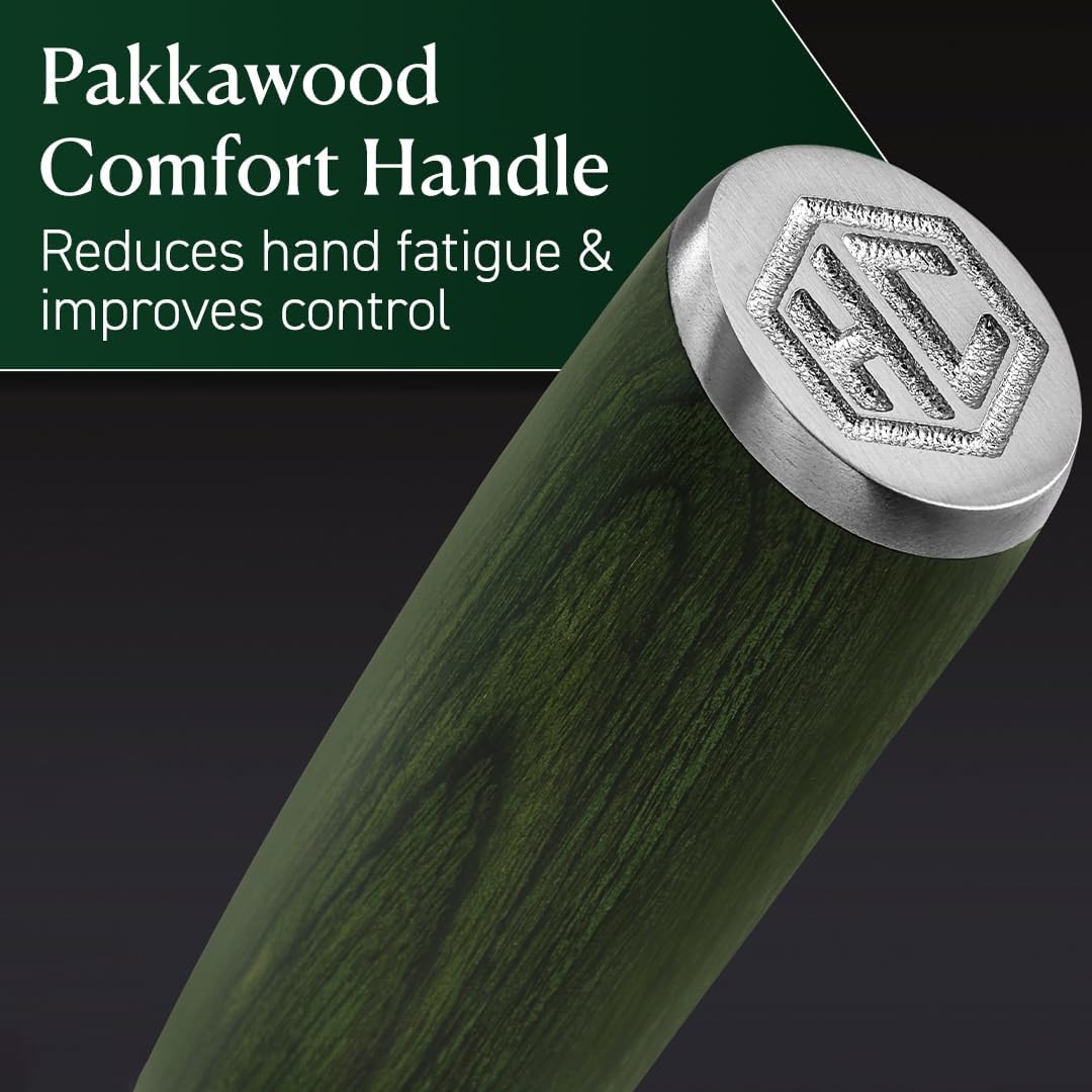 HexClad 8 Inch Japanese Damascus Stainless Steel Chefs Knife, Full Tang Construction, Pakkawood Handle