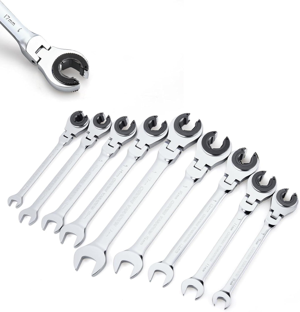 Anbull Metric Tubing Combination Wrench Set 9pcs(8-17mm), Ratcheting Wrench Set with 180°Open Flex-head, Tubing Ratchet Wrench Set with 72 Gears Cr-V Steel Constructed