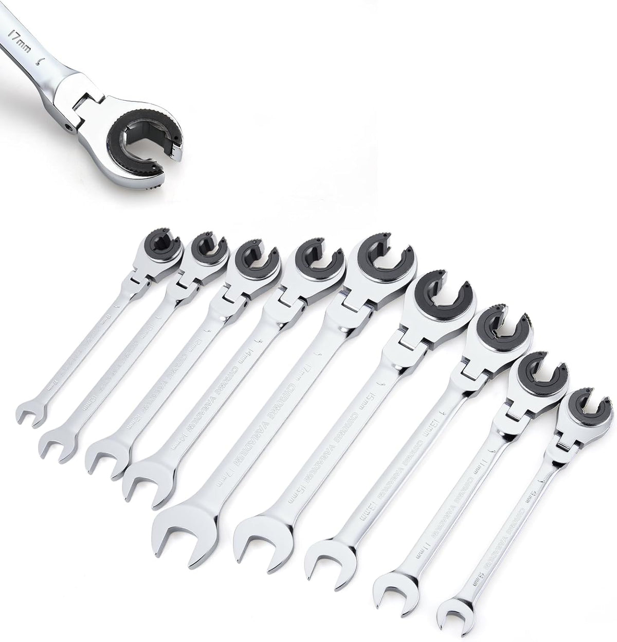 Anbull Metric Tubing Combination Wrench Set 9pcs(8-17mm), Ratcheting Wrench Set with 180°Open Flex-head, Tubing Ratchet Wrench Set with 72 Gears Cr-V Steel Constructed