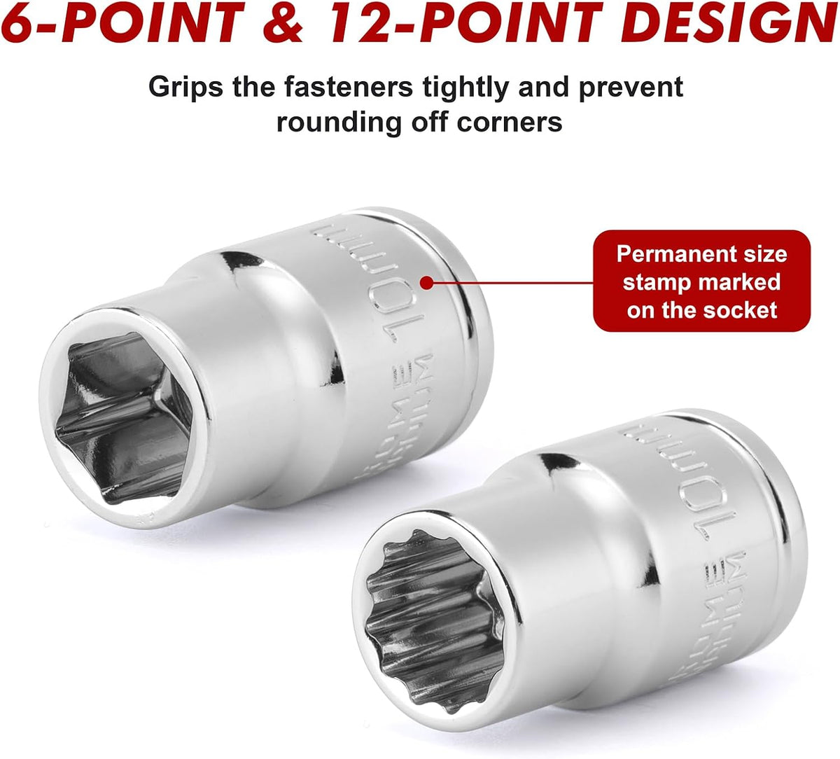 CASOMAN 104 PCS 3/8' Drive Master Impact Socket and Flex Socket Set, Include Deep, Mid-Length, Shallow & Stubby Socket, 6-Point & 12-Point, Metric, CR-V