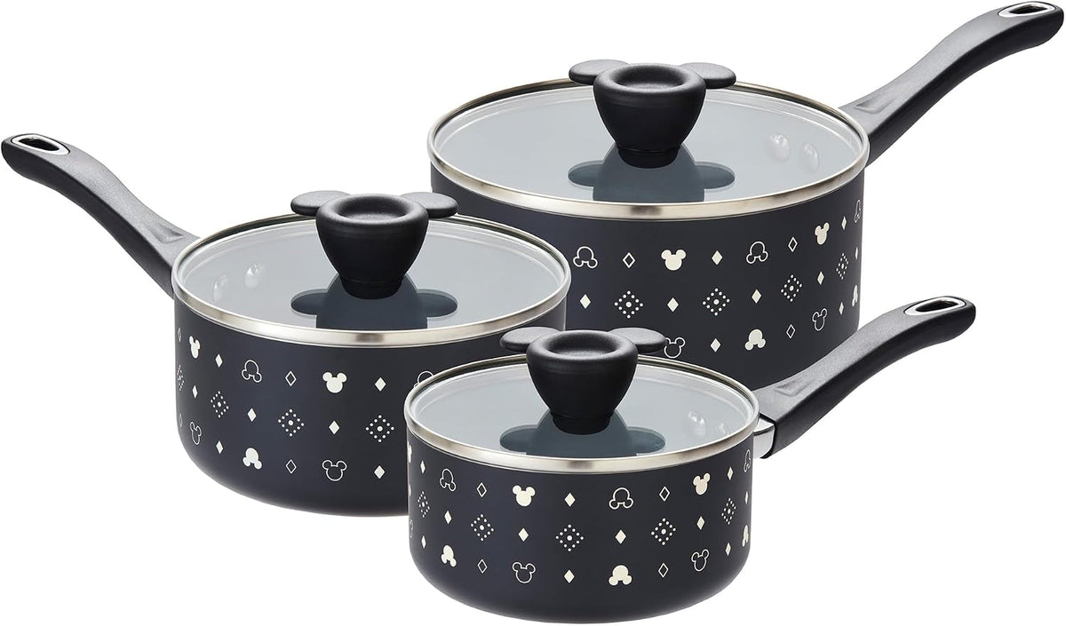 Prestige Disney Monochrome Ceramic Non Stick Saucepan Set of 3 with Lids - 16, 18 & 20cm Induction Saucepan Set, PFAS & PFOA Free, Non Toxic Cookware, Black & White