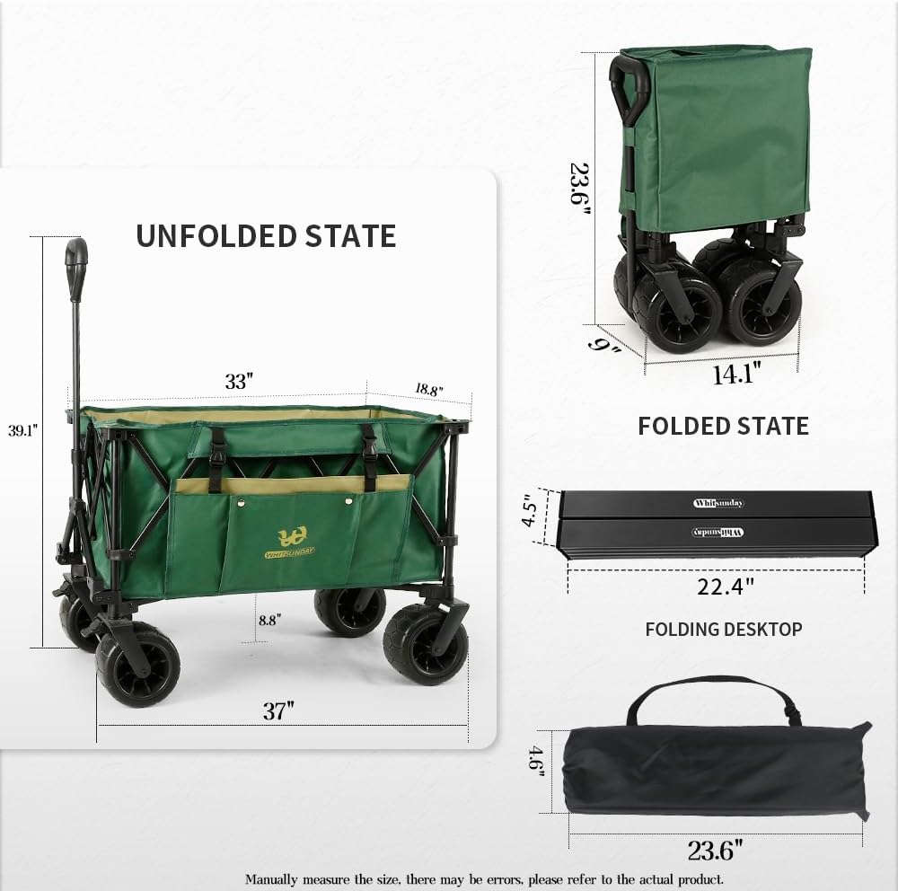 Whitsunday Collasible Wagon, Large Capacity 400Lbs, All-Terrain Wheels Heavy Duty Utility Wagon for Gardening Shopping Fishing Camping Outdoor Picnic Green