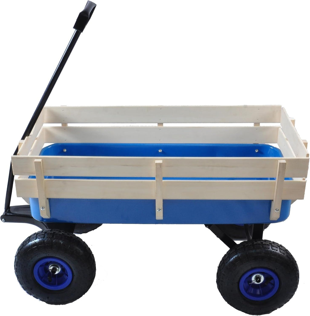 Outdoor Heavy Duty Wagon Cart for All Terrain Pulling, Steel Wagon Frame Removable Wooden Panels Adjustable Handle Air Tires Sport Wagon for Kids Camping Garden, Max. Load 176 lbs, Blue