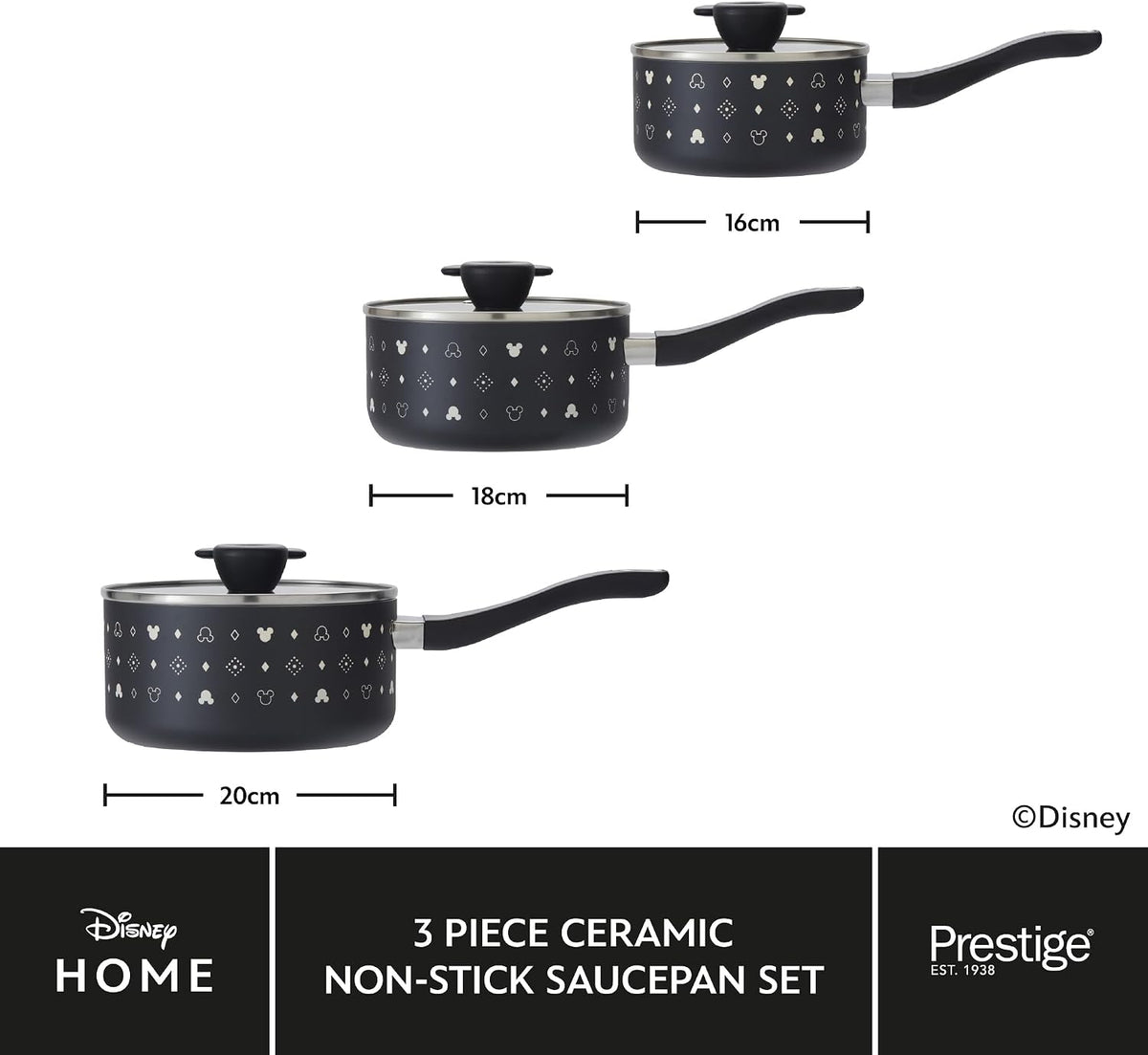 Prestige Disney Monochrome Ceramic Non Stick Saucepan Set of 3 with Lids - 16, 18 & 20cm Induction Saucepan Set, PFAS & PFOA Free, Non Toxic Cookware, Black & White