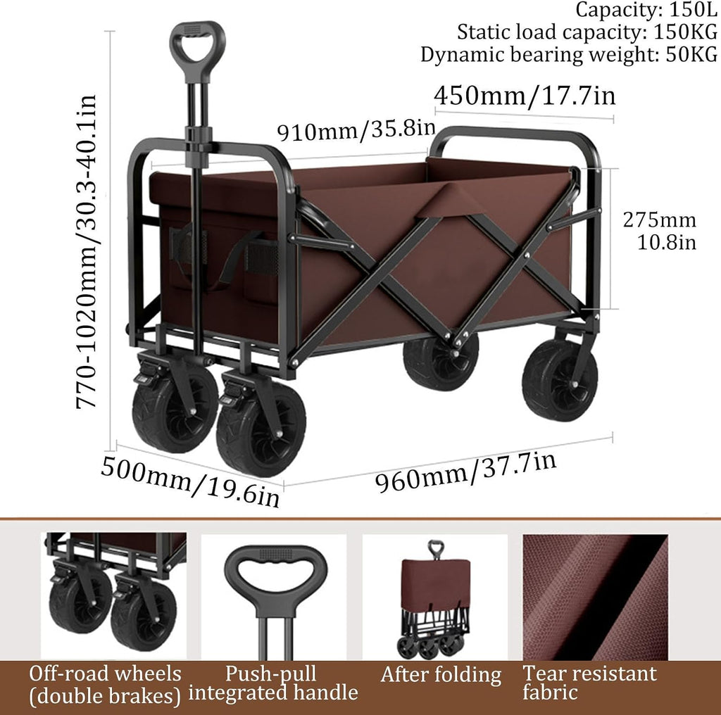 Bgarden Carts,Collapsible Wagon,Sports Outdoor Utility Wagon Folding Garden Wagon Sports Heavy Duty Steel Frame Foldable Yard Car Camping Cart Double Brake with Folding Panels,Brown