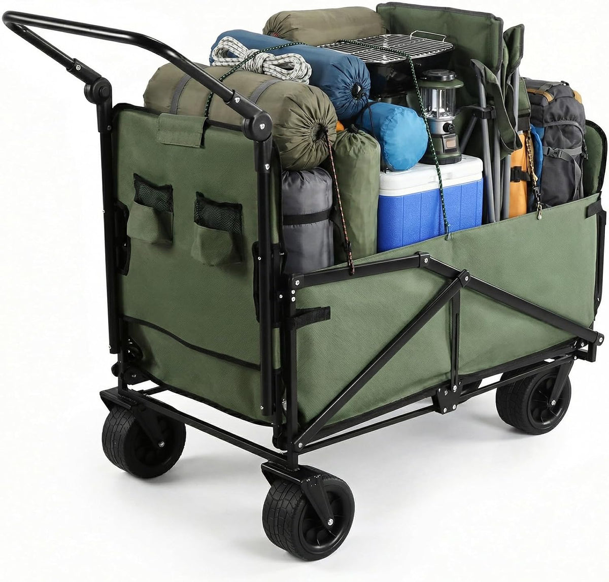 2-in-1 Folding Wagon Carts, Heavy Duty Wagon, 440lbs Capacity, Utility Beach Chair, Shopping Cart with All-Terrain Wheels for Shopping, Beach, Camping, Sports, Garden