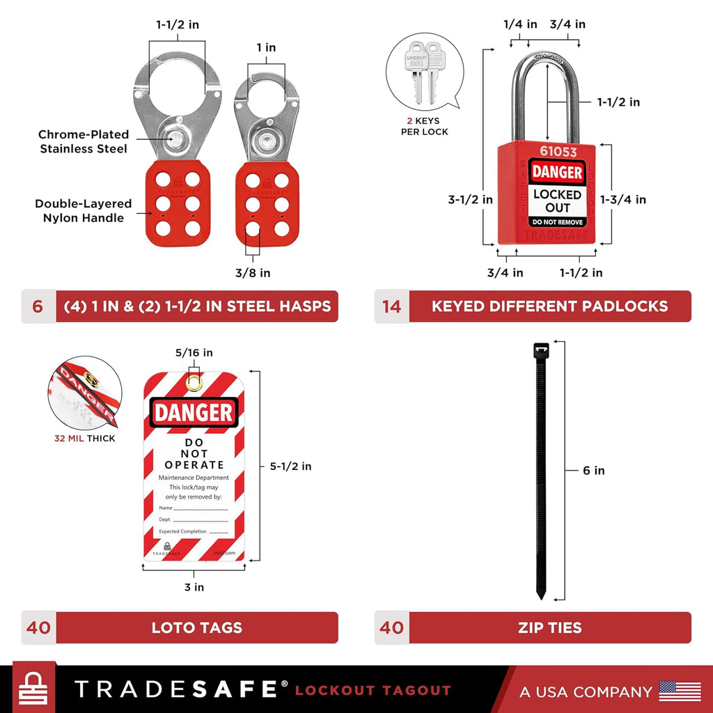 TRADESAFE Lockout Tagout Station with Loto Devices - 14 Pack Safety Lock Set, 6 Hasps, 40 Do Not Operate Tags, Lock Out Tag Out Kit Board, Lockout Safety Supply for OSHA Compliance