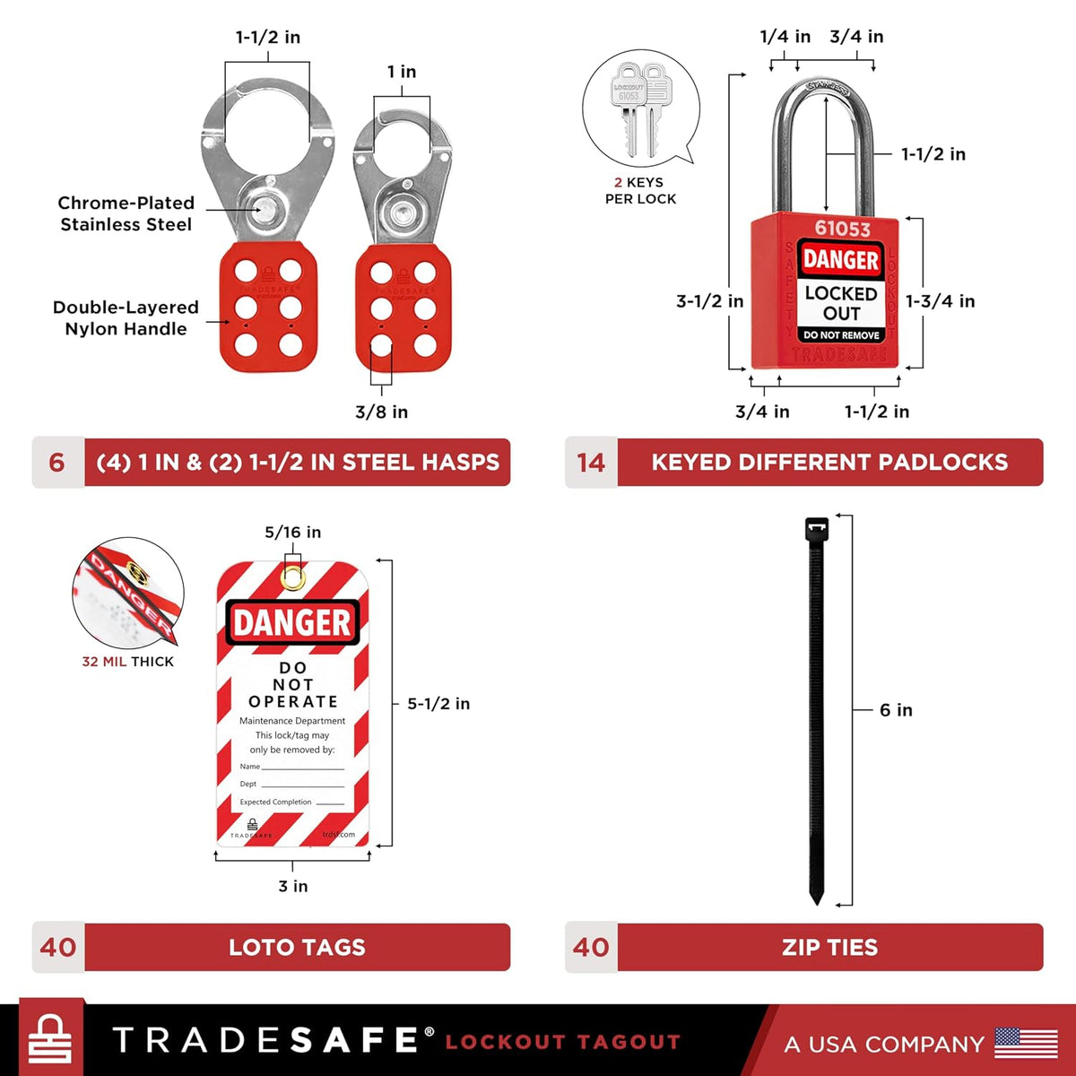TRADESAFE Lockout Tagout Station with Loto Devices - 14 Pack Safety Lock Set, 6 Hasps, 40 Do Not Operate Tags, Lock Out Tag Out Kit Board, Lockout Safety Supply for OSHA Compliance