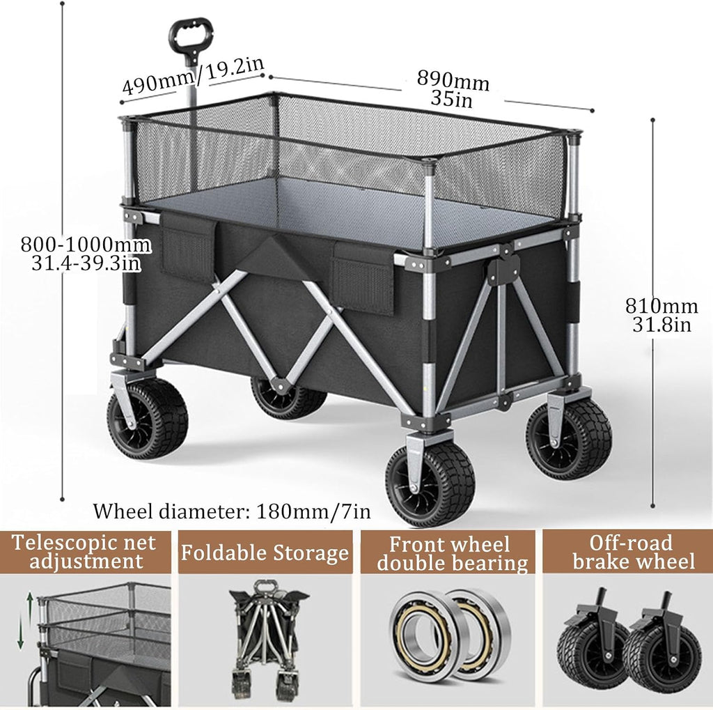 Black Bgarden Carts,Collapsible Wagon,Sports Outdoor Utility Wagon Folding Garden Wagon Sports Steel Frame Foldable Yard Car Off-Road Wheels with Brakes Camping Cart 225Kg Load