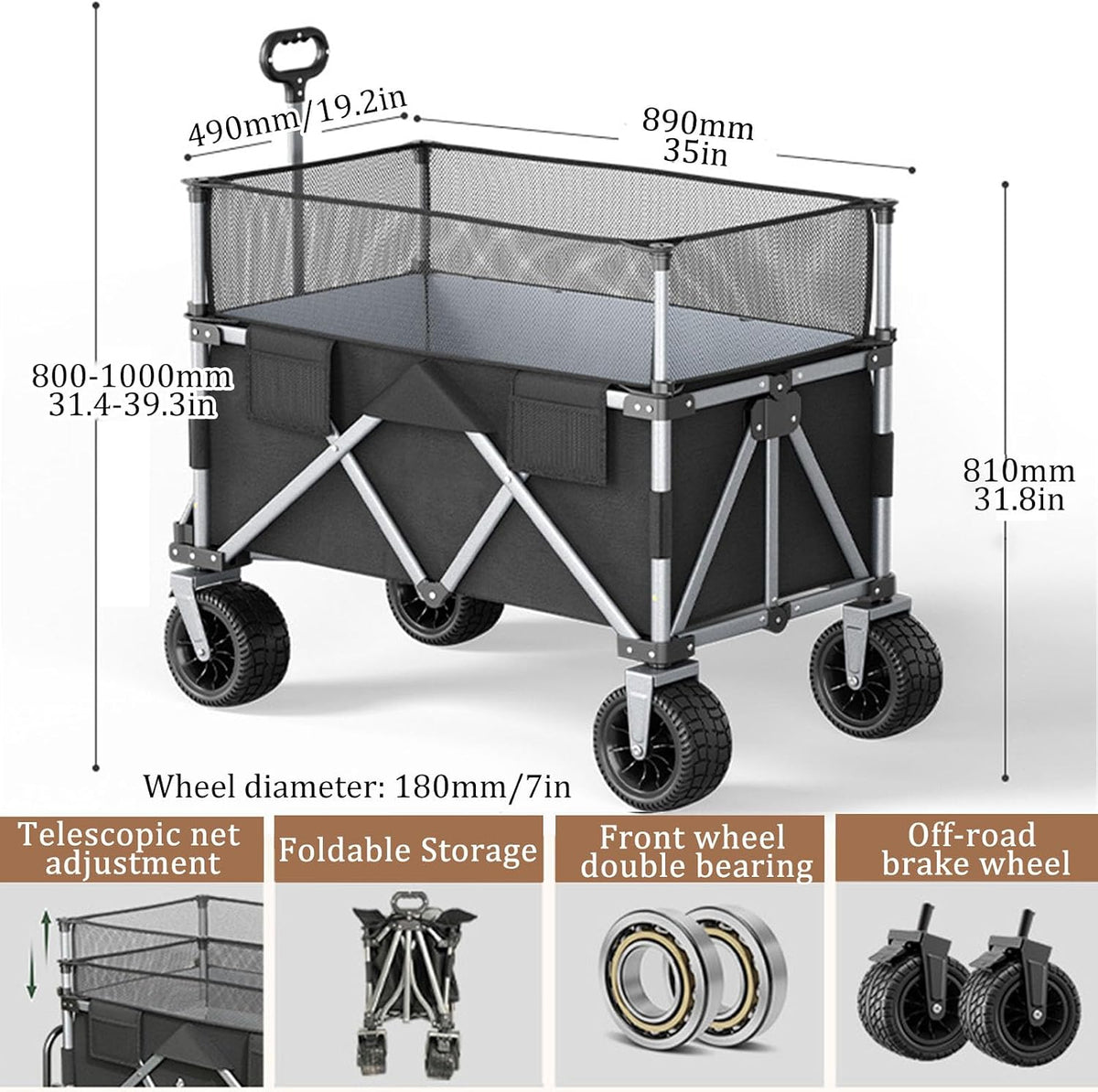 Black Bgarden Carts,Collapsible Wagon,Sports Outdoor Utility Wagon Folding Garden Wagon Sports Steel Frame Foldable Yard Car Off-Road Wheels with Brakes Camping Cart 225Kg Load