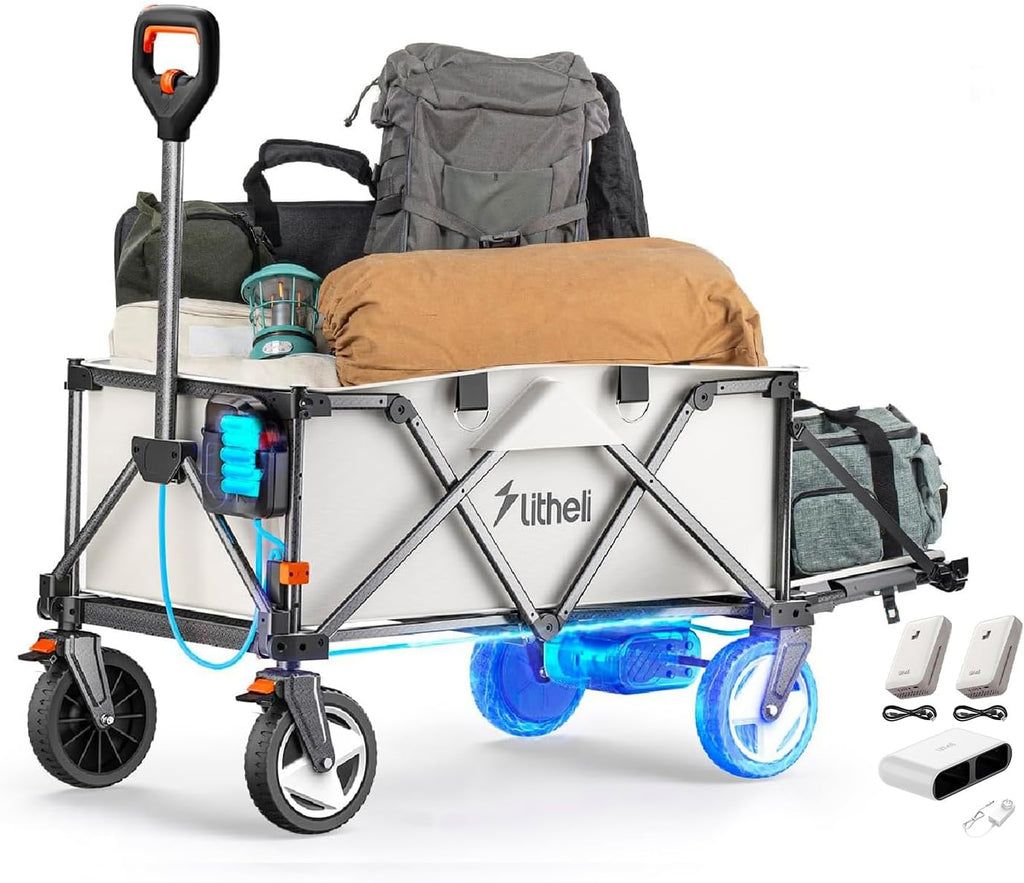 Litheli Electric Wagon Cart with 2 Batteries & Charger, All-Terrain Wheels & Variable Speed | 200L Capacity, 300 lbs Heavy-Duty Utility Wagon for Camping Beach Garden Shopping, SE-Beige