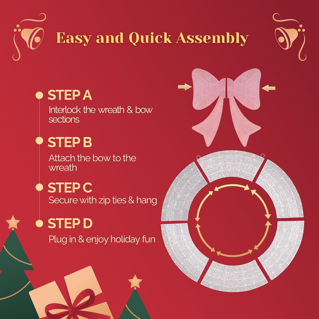 VINGLI 60IN Prelit Outdoor Christmas Wreath Decoration, Large Silver Lighted Metal Front Door Garland with Pink Bow, 280 RGB & Red LED Lights for Gate Wall Porch Indoor Outdoor Holiday Party Decor
