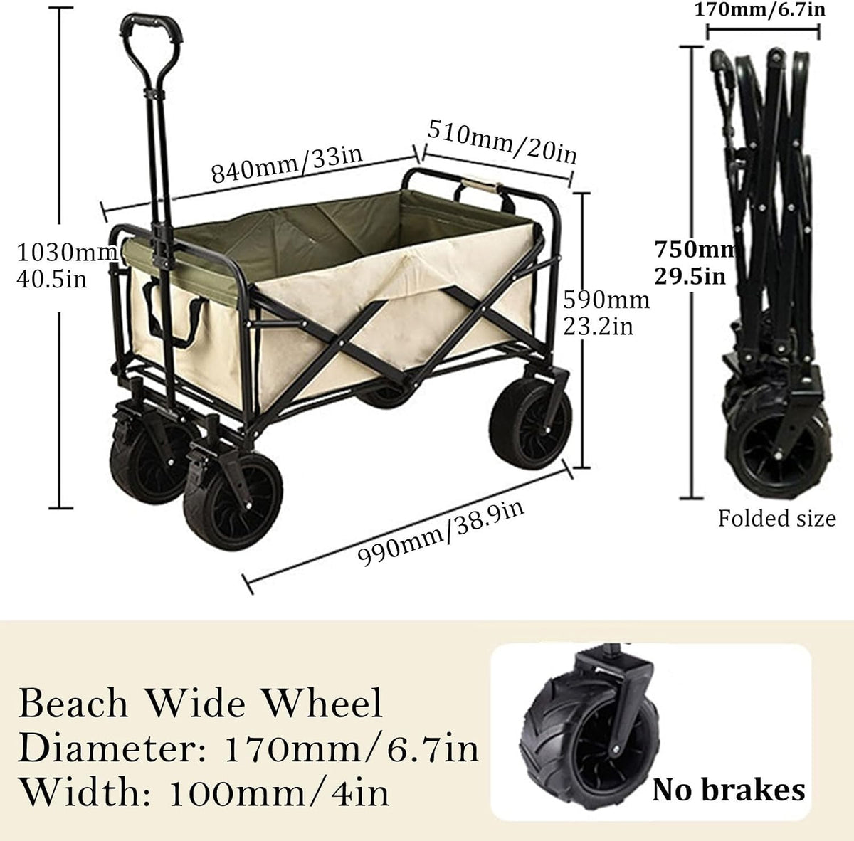 Bgarden Carts,Collapsible Wagon,Sports Outdoor Utility Wagon Folding Garden Wagon Sports Steel Frame Foldable Yard Car with Side Pockets Beach Wheel Camping Cart Bearing 100Kg