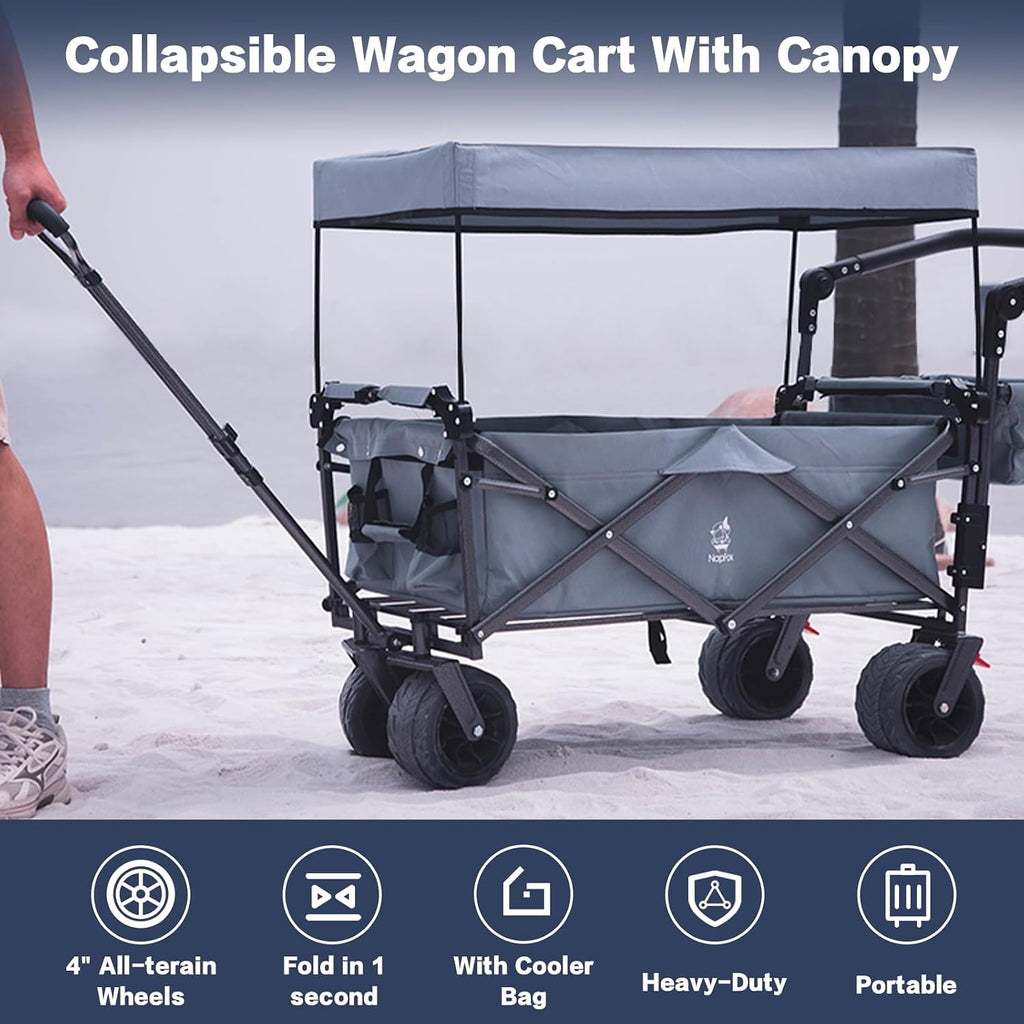 Collapsible Wagon Cart with Removable Canopy, Heavy Duty Foldable Wagon with 4' Large All Terrain Wheels, Brake, Cooler Bag, Adjustable Handles for Garden Beach Sports (Gray)