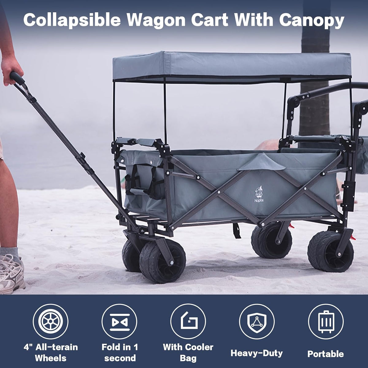 Collapsible Wagon Cart with Removable Canopy, Heavy Duty Foldable Wagon with 4' Large All Terrain Wheels, Brake, Cooler Bag, Adjustable Handles for Garden Beach Sports (Gray)