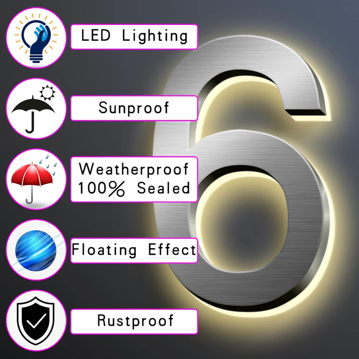 Address Sign Illuminated LED House Number Plaque Signs 50cm, Large Modern Stainless Steel Lighted Up Home Address Numbers For Outside, Waterproof,N