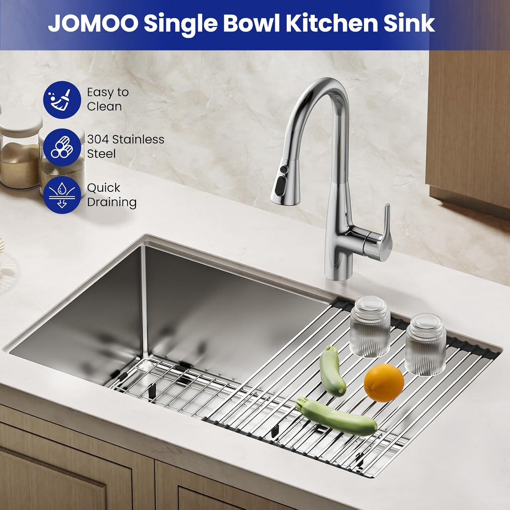 JOMOO 30'x18' Undermount Kitchen Sink, 304 Stainless Steel Handmade Single Bowl Deep Basin Sink with Accessories, Round Corners, Ideal for Kitchen, Bar, Laundry, RV
