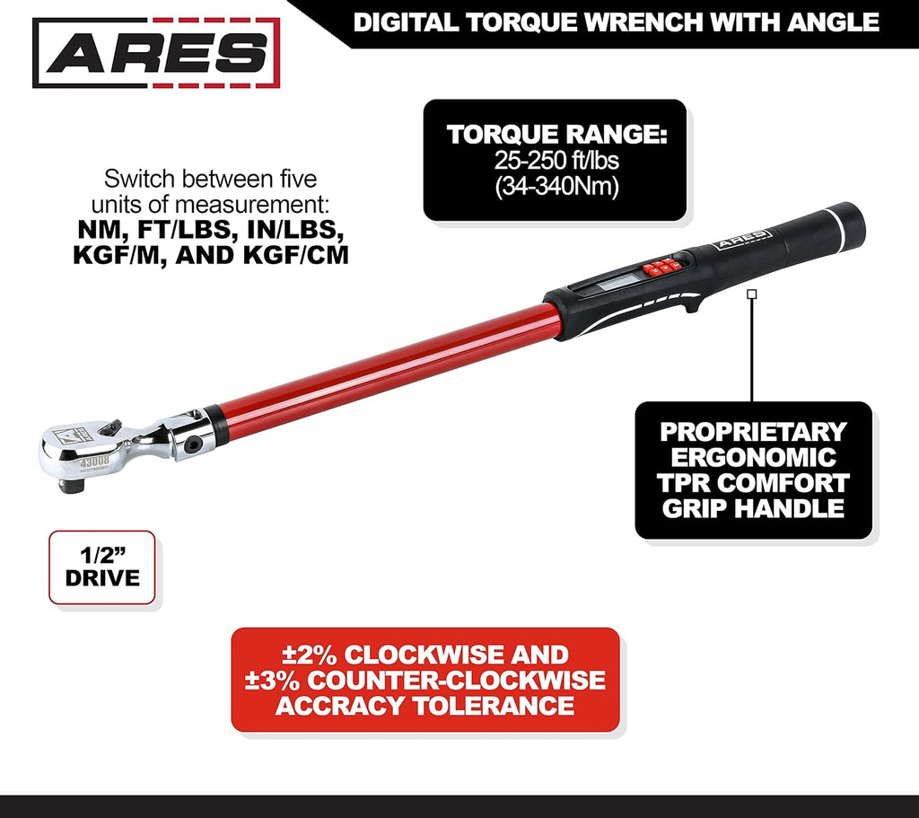 ARES 43008-1/2-Inch Drive Flex Head Digital Torque Wrench – Torque and Angle Readings - 25-250 ft-lb (30-340 Nm) Electronic Reversible Ratchet, Multi-Alert, ±2% Accuracy – Auto, Motorcycle, Mechanic