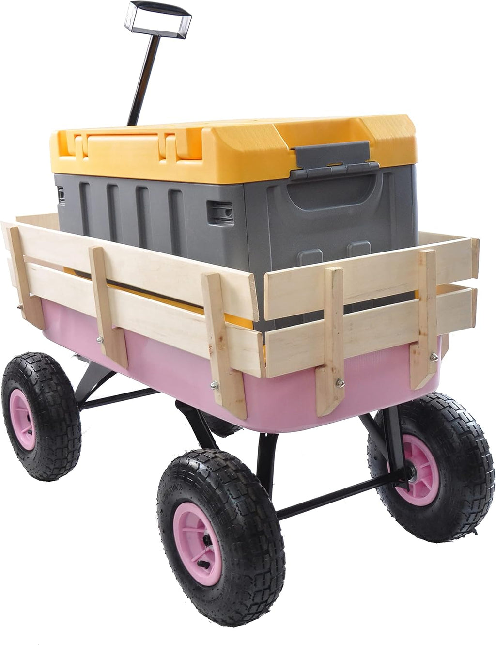 Outdoor Sport All Terrain Pulling Wagon With Removable Wooden Side Panels, Air Tires, Big Foot Panel, Sturdy Steel Bed for Kids' Pull-Along (Pink)