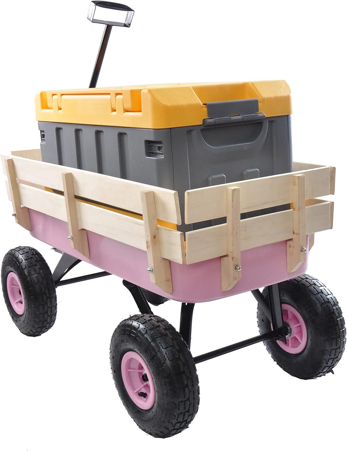 Outdoor Sport All Terrain Pulling Wagon With Removable Wooden Side Panels, Air Tires, Big Foot Panel, Sturdy Steel Bed for Kids' Pull-Along (Pink)