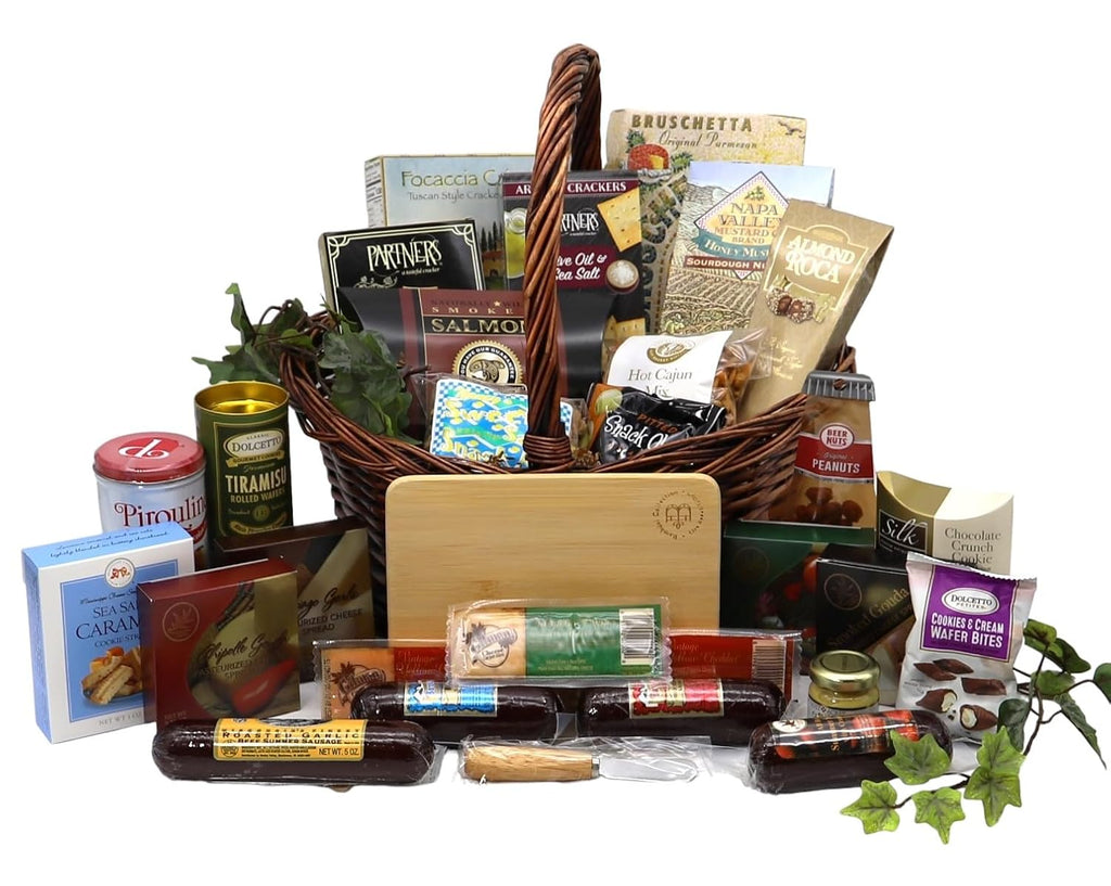 Gift Basket Village: Group Therapy Deluxe Gourmet Gift - Cutting Board, Sausages, Cheeses, Snacks & More
