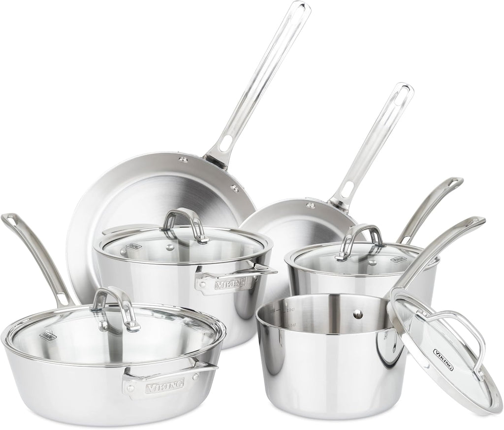 Viking Contemporary 3-Ply Pots and Pans Set, 10 Piece Stainless Steel Kitchen Cookware, Silver
