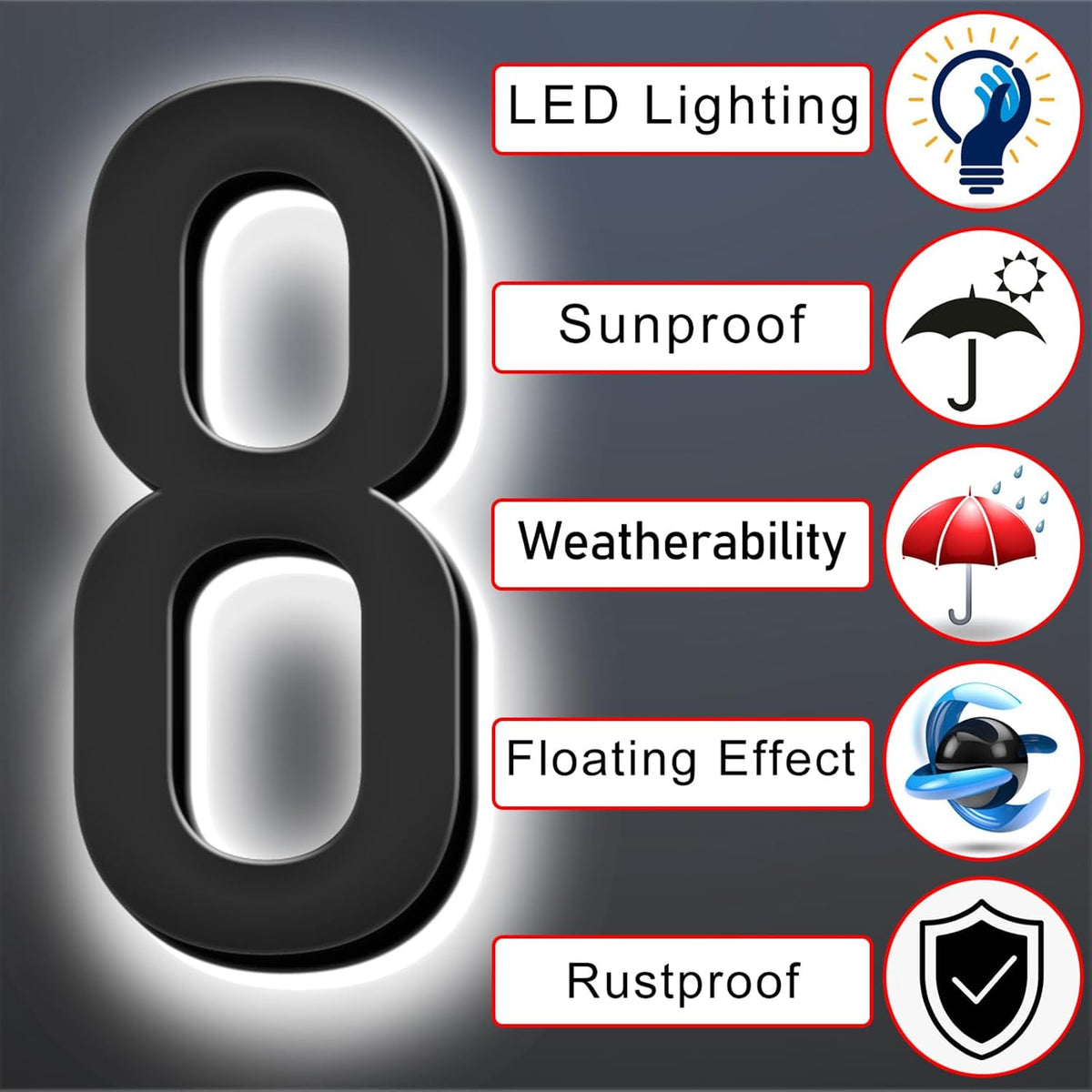 Address Numbers LED, Backlit Floating LED Home Address Numbers, Stainless Steel Lighted House Number For Outdoor.,50,C
