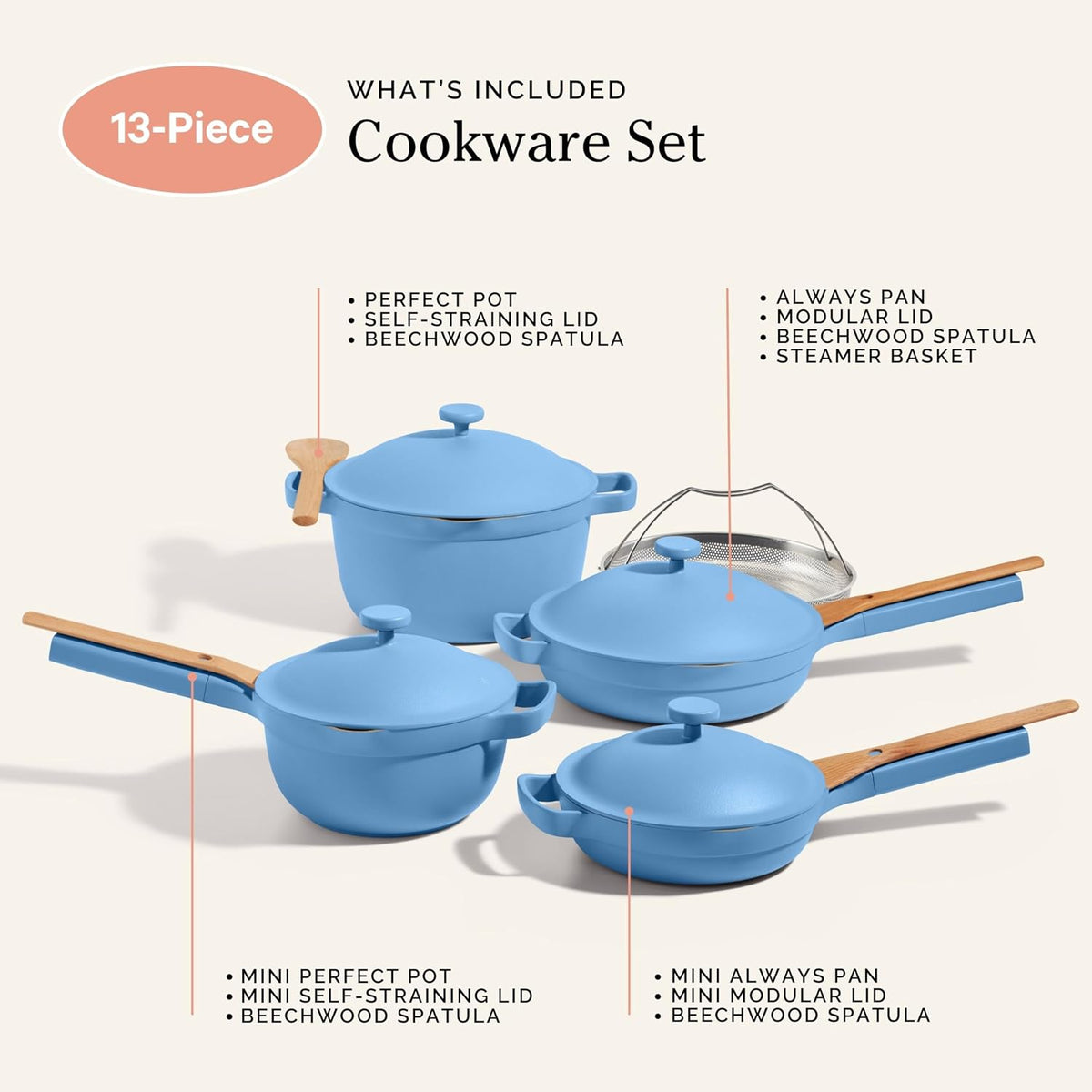 Our Place Cookware Set - 13-Piece Kit Including the Always Pan, Perfect Pot and Spatulas | Multifunctional, Toxin-Free Nonstick | Heat Safe up to 450°F | Oven, Stove, Induction | Forget-Me-Not Blue