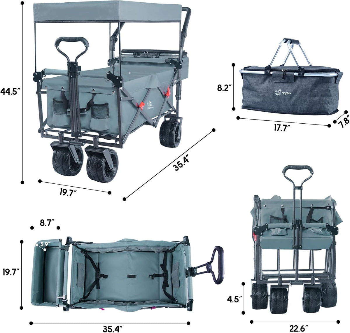 Collapsible Wagon Heavy Duty Folding Wagon Cart with Removable Canopy, 4' Wide Large All Terrain Wheels, Brake, Adjustable Handles,Cooler Bag Utility Carts for Outdoor Garden Wagons Carts Beach Cart