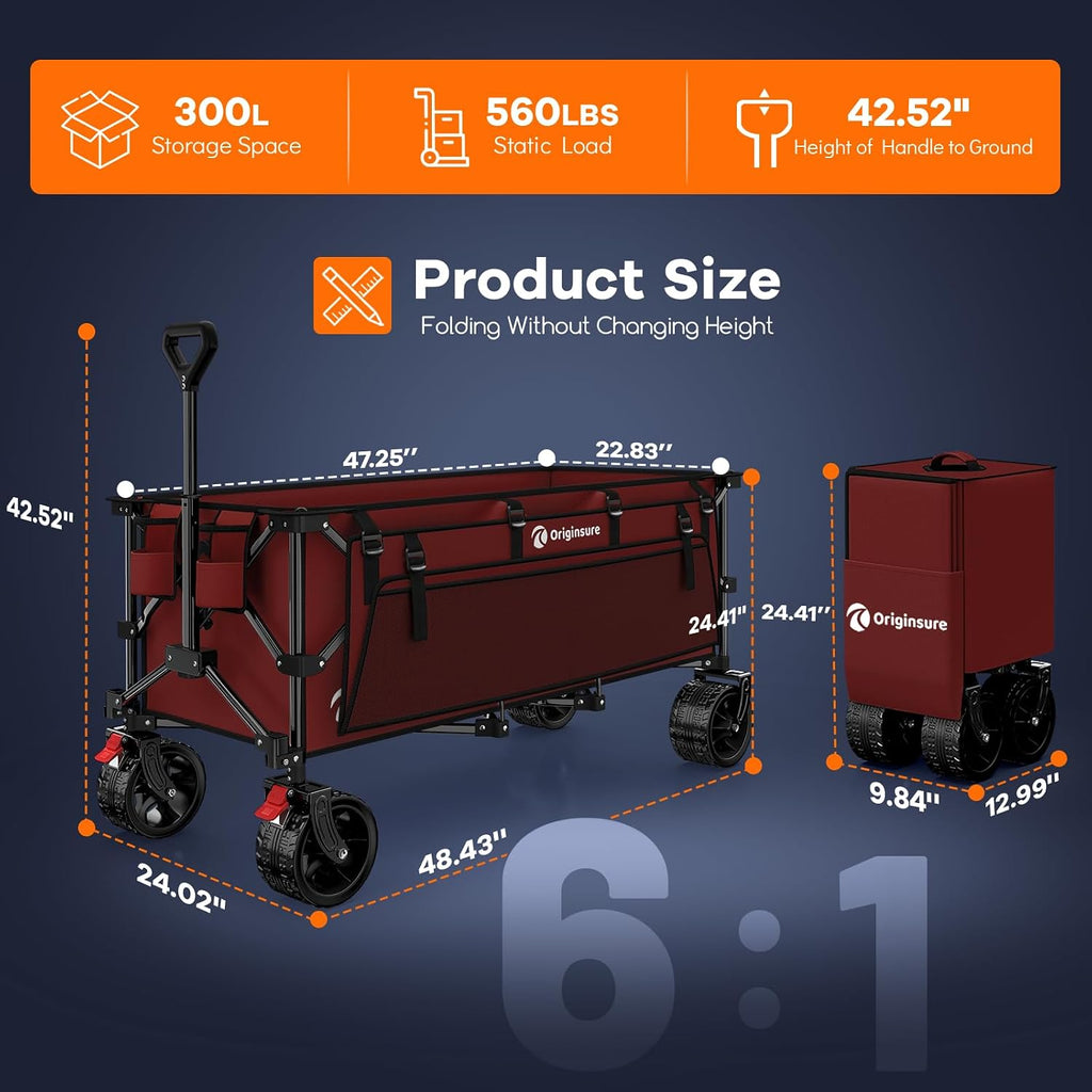 48' L Collapsible Beach Wagon Cart Foldable, 560lbs Weight Capacity 300L Heavy Duty Folding Wagons with Big All-Terrain Wheels, Utility Carts for Groceries, Shopping, Camping, Sports - Red