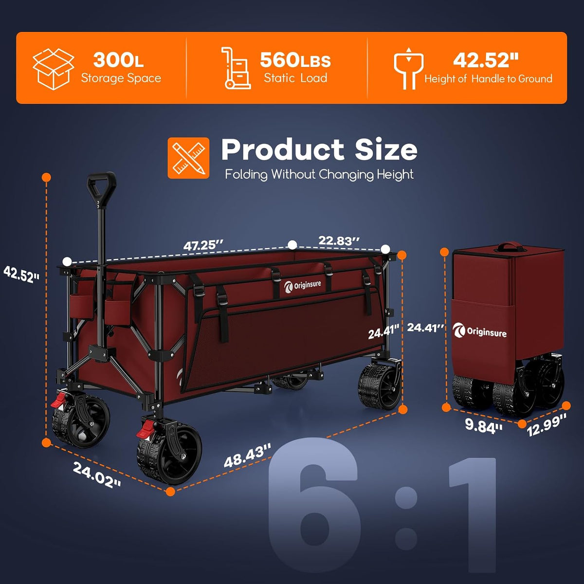 48' L Collapsible Beach Wagon Cart Foldable, 560lbs Weight Capacity 300L Heavy Duty Folding Wagons with Big All-Terrain Wheels, Utility Carts for Groceries, Shopping, Camping, Sports - Red