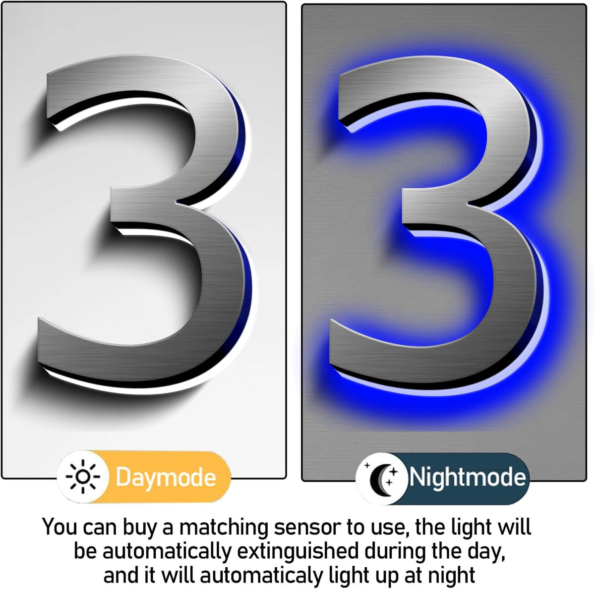 Illuminated Address Number 20 Inch, Backlit Illuminated LED House Number Enhanced Visibility, Modern Stainless Steel Lighted Address Signs, Brushed Silver, Blue Light,M