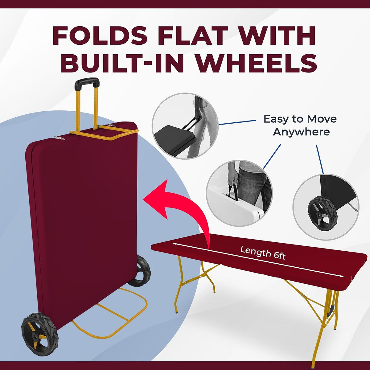 Creative Outdoor Folding Table and Chairs, 6 Ft, Built-in Wheels, Portable Durable Plastic (Dark Red & Gold)