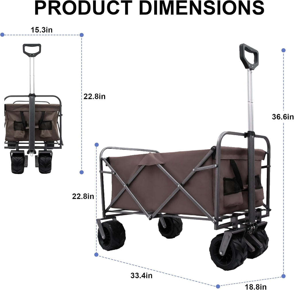 Collapsible Folding Wagon Cart, Portable Folding Beach Wagons with Wheels, Lightweight Utility Camping Wagon for Groceries, Shopping Sports Garden (Brown)