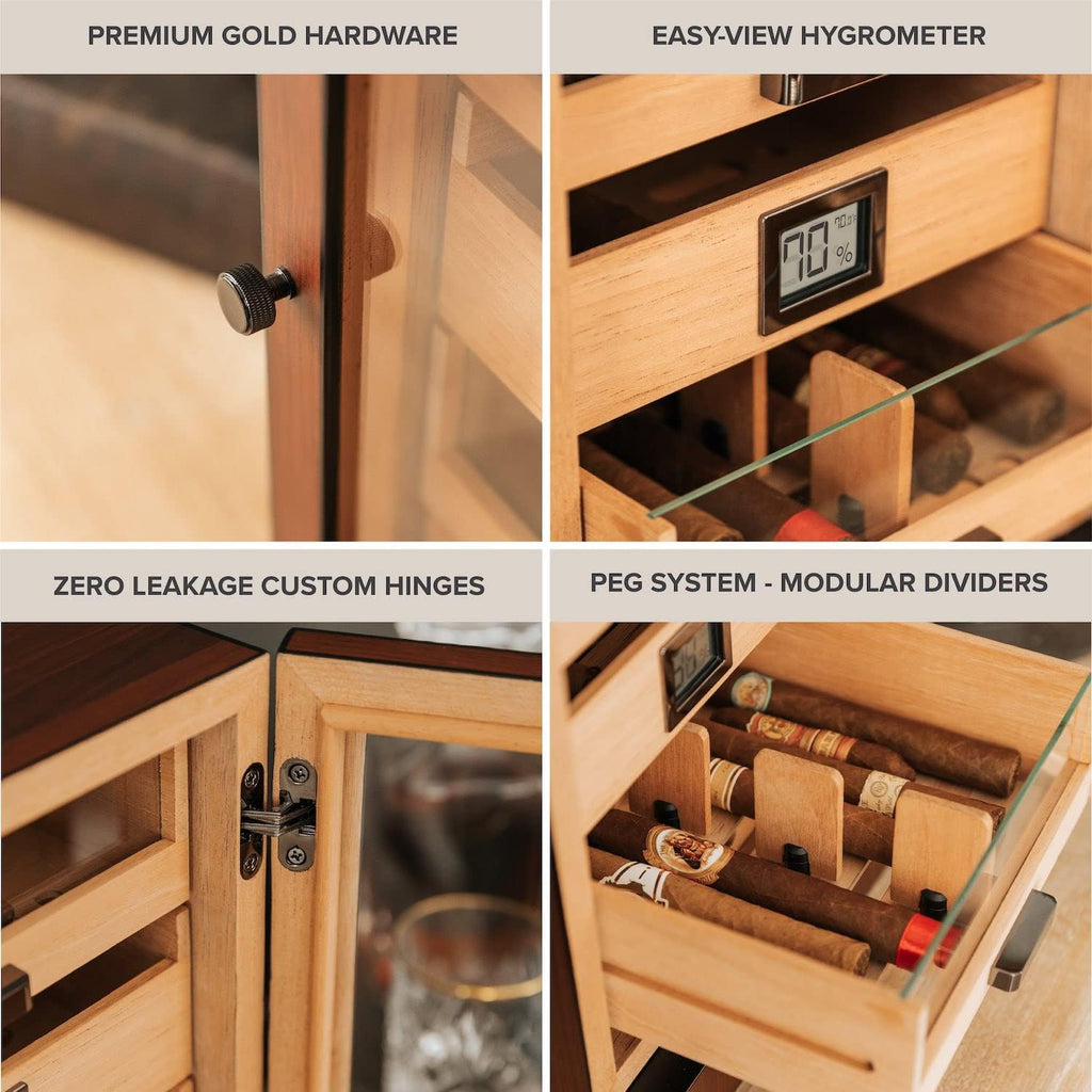 CASE ELEGANCE Luca Humidor Cabinet Stores 80-100, Cigar Humidor Box with Spanish Cedar, Glass Display, Easy Humidification System, Digital Hygrometer - Brown