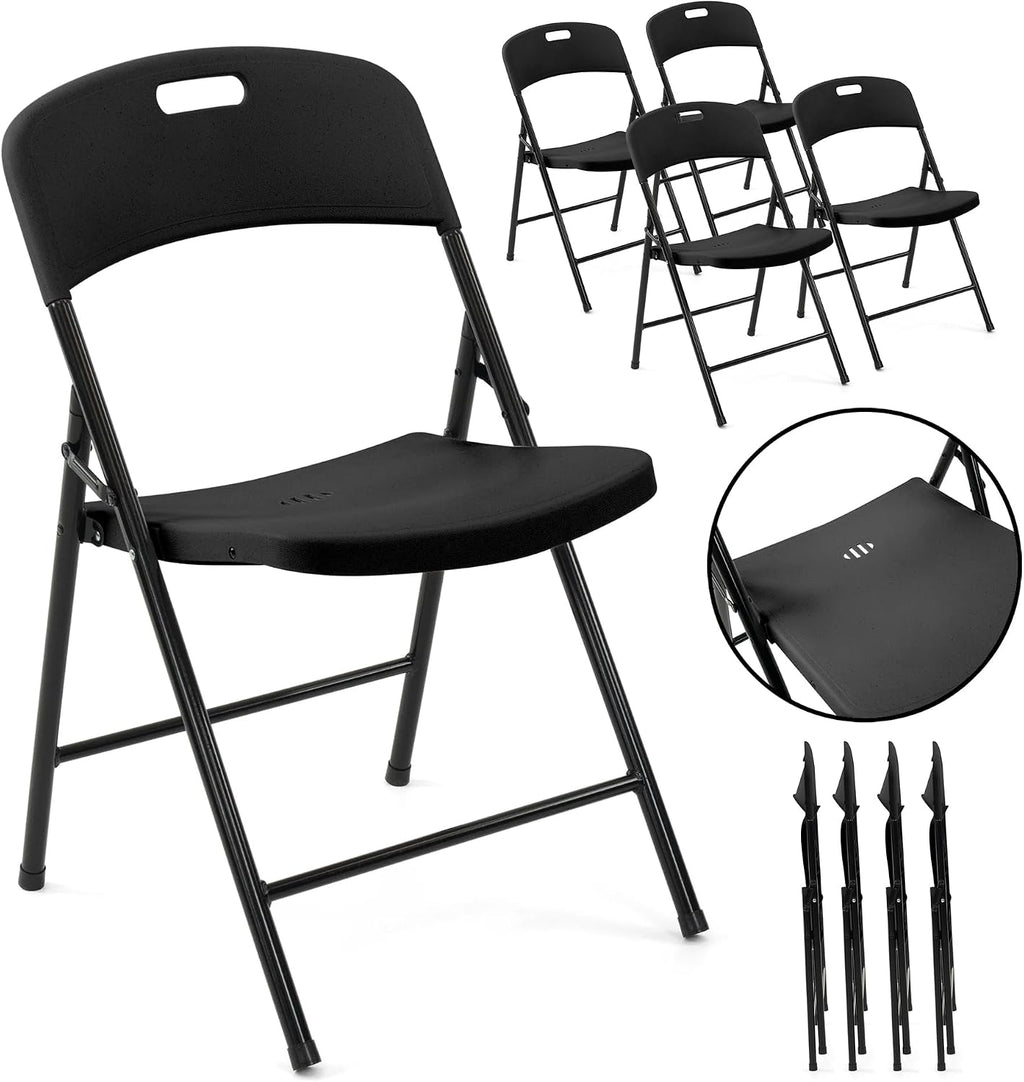 Creative Outdoor 4 Portable Plastic Folding Chairs, Sturdy Design, Indoor/Outdoor Events, Perfect for Camping/Picnic/Tailgating/Party (Black Set of 4 Chairs)