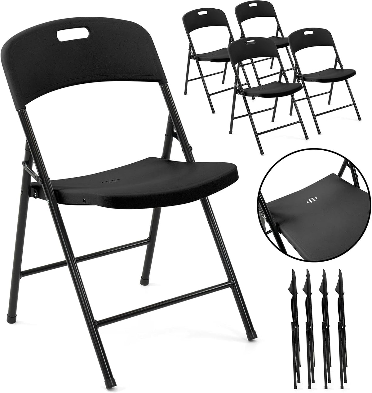Creative Outdoor 4 Portable Plastic Folding Chairs, Sturdy Design, Indoor/Outdoor Events, Perfect for Camping/Picnic/Tailgating/Party (Black Set of 4 Chairs)