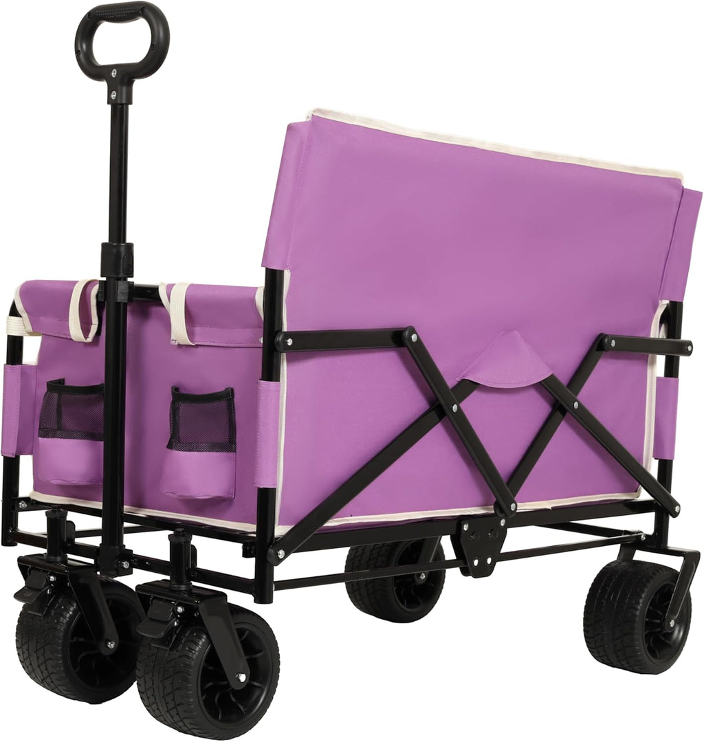 3-in-1 Convertible Folding Wagon Cart with Bench Seat & 180L Storage - 500lbs Heavy-Duty All-Terrain Wagon for Camping, Beach, Sports & Garden Use (Purple)