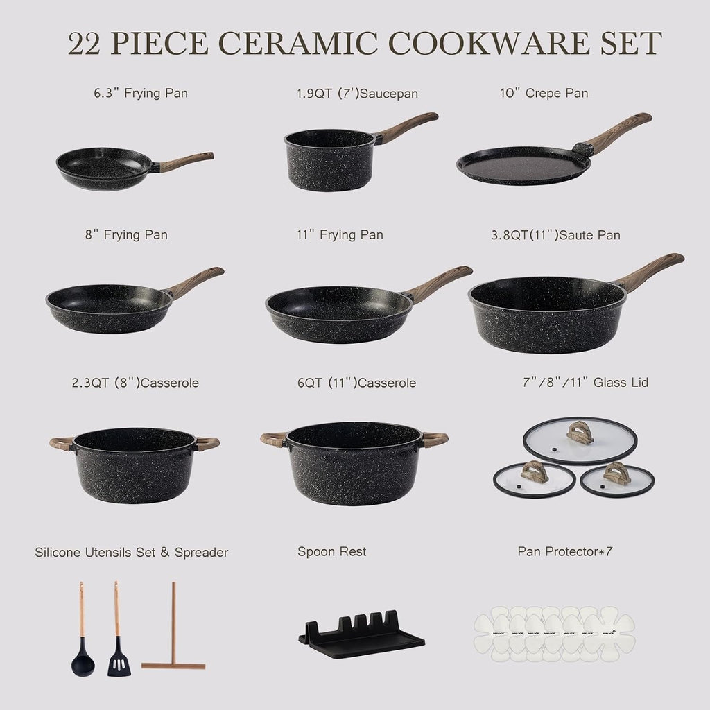 USELUCK Pots and Pans Set Non Stick Non-Toxic 22 Pcs Ceramic Cookware Sets Nonstick Kitchen Pot&Pan With Lid Jet Black Granite Induction Compatible with Glass Lids Crepe Frying Pan PFOA/PFOS-Free