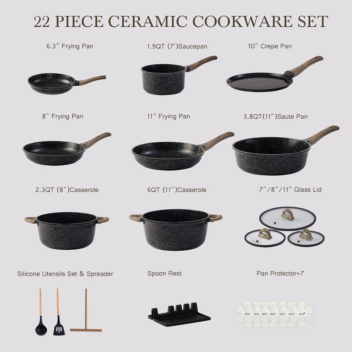 USELUCK Pots and Pans Set Non Stick Non-Toxic 22 Pcs Ceramic Cookware Sets Nonstick Kitchen Pot&Pan With Lid Jet Black Granite Induction Compatible with Glass Lids Crepe Frying Pan PFOA/PFOS-Free