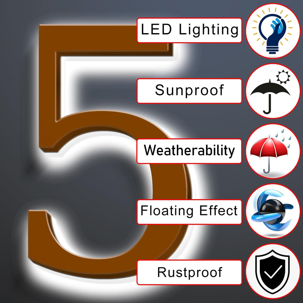 Illuminated Address Sign 16 Inch, Backlit LED Illuminated House Number For Outside, Stainless Steel Lighted Address Numbers, Modern, Trendy Signs, Brown, White Light,4