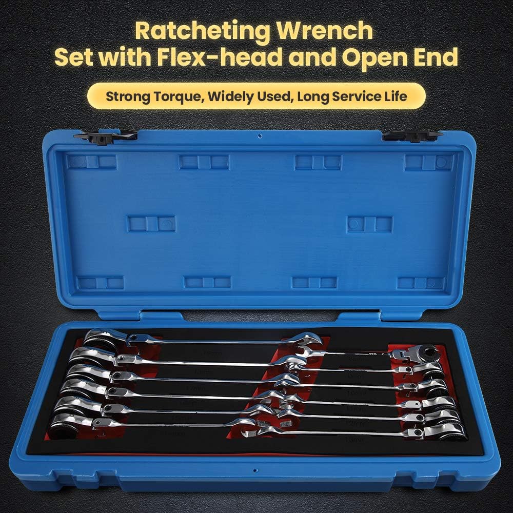 Anbull Ratcheting Wrench Set with Open Flex-head, 12PCS Metric (8-19mm) Combination Spanner with 72 Teeth, 180° Flex-head Tubing Ratchet Wrench Set