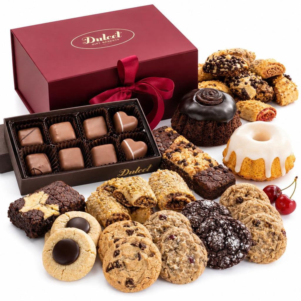 Dulcet Gourmet Snack & Dessert Gift Basket Deluxe Edition – Fresh Baked Assorted Pastries, Cookies, Brownies & Belgium Chocolates - Beautifully Packaged Bakery Assortment for All Gifting Occassions