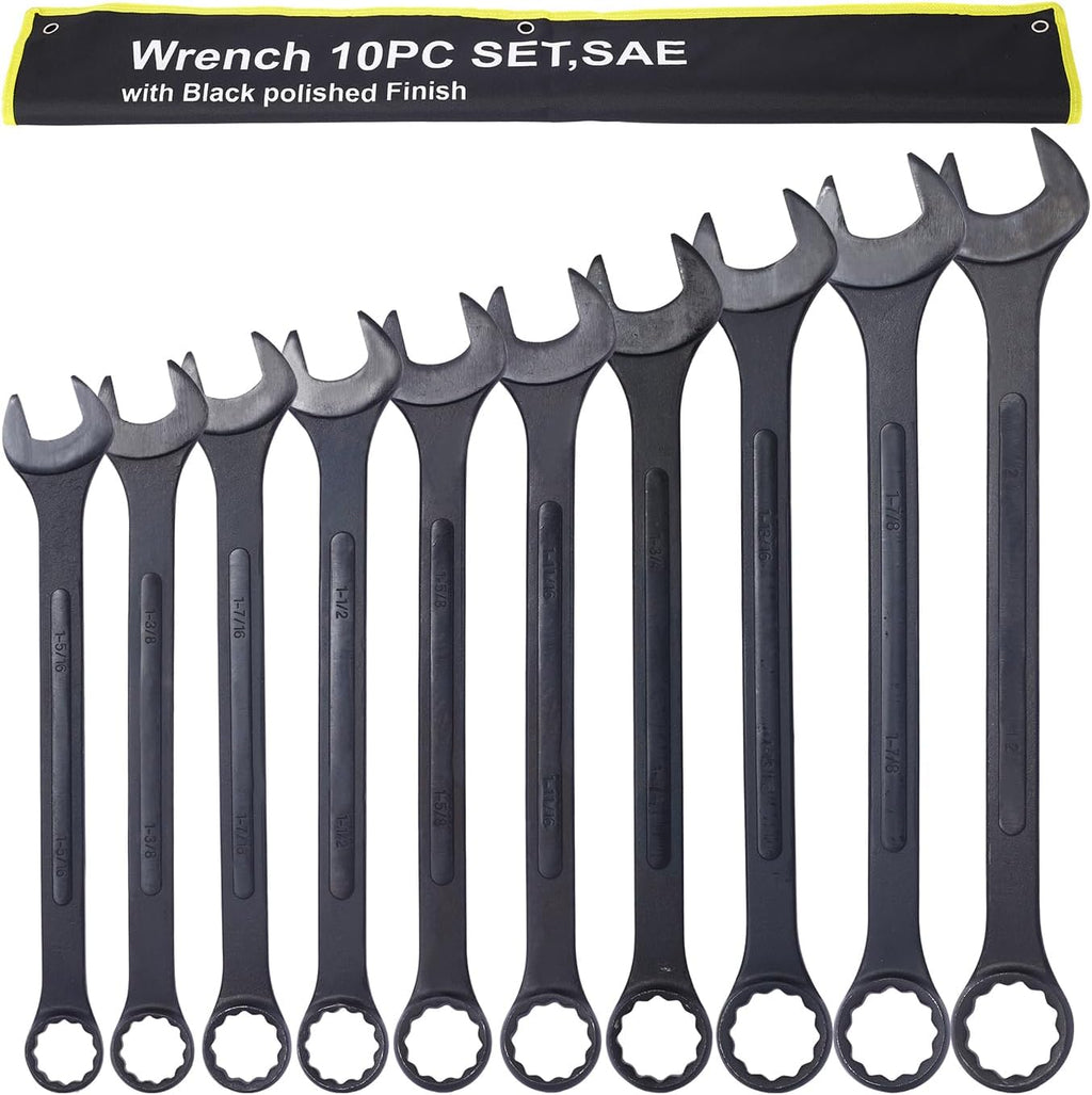 10-piece Jumbo Wrench Set, 1-5/16'' to 2'' Large Combination Wrench Set, SAE, Black Oxide Finish with Pouch