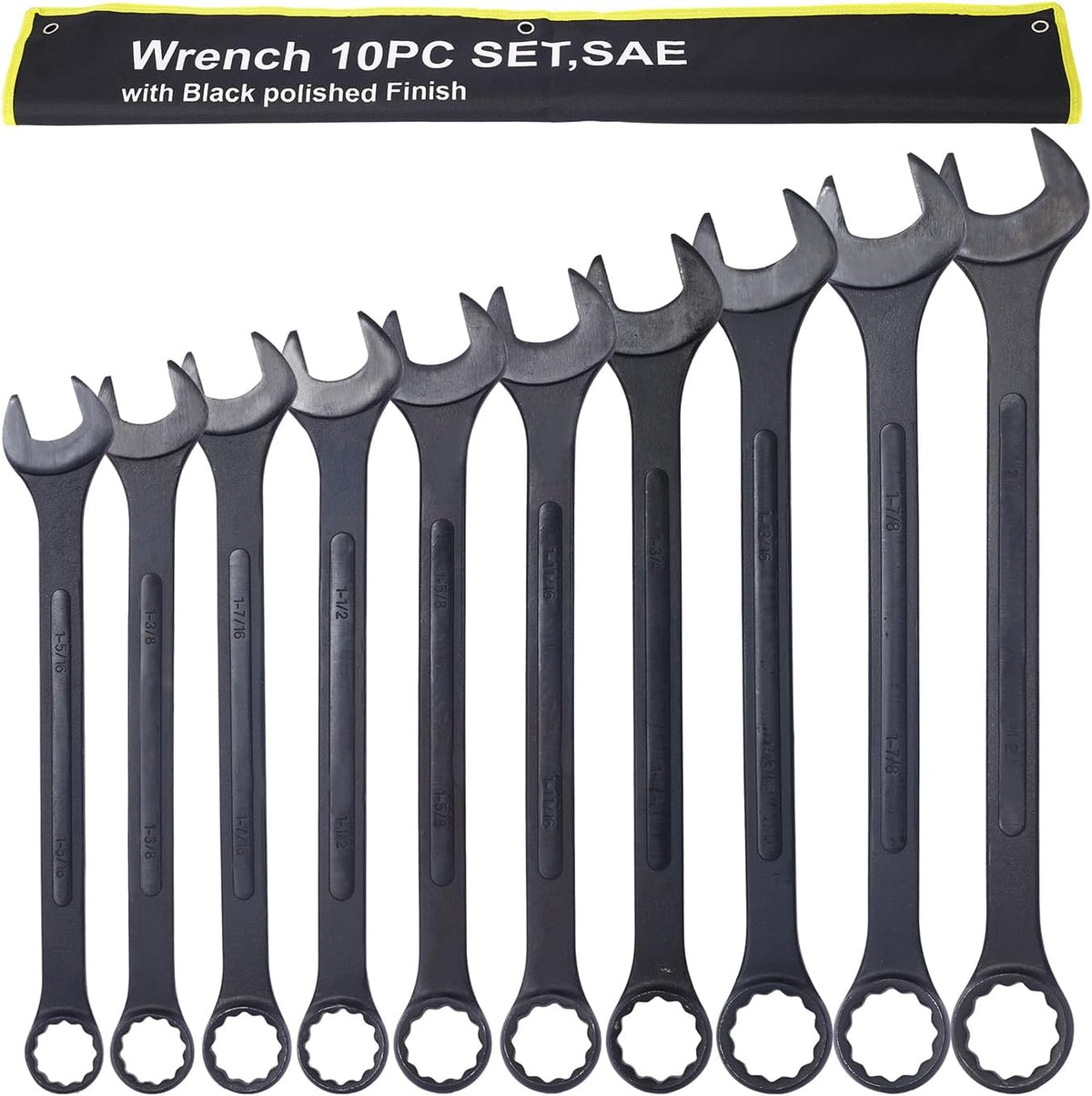 10-piece Jumbo Wrench Set, 1-5/16'' to 2'' Large Combination Wrench Set, SAE, Black Oxide Finish with Pouch