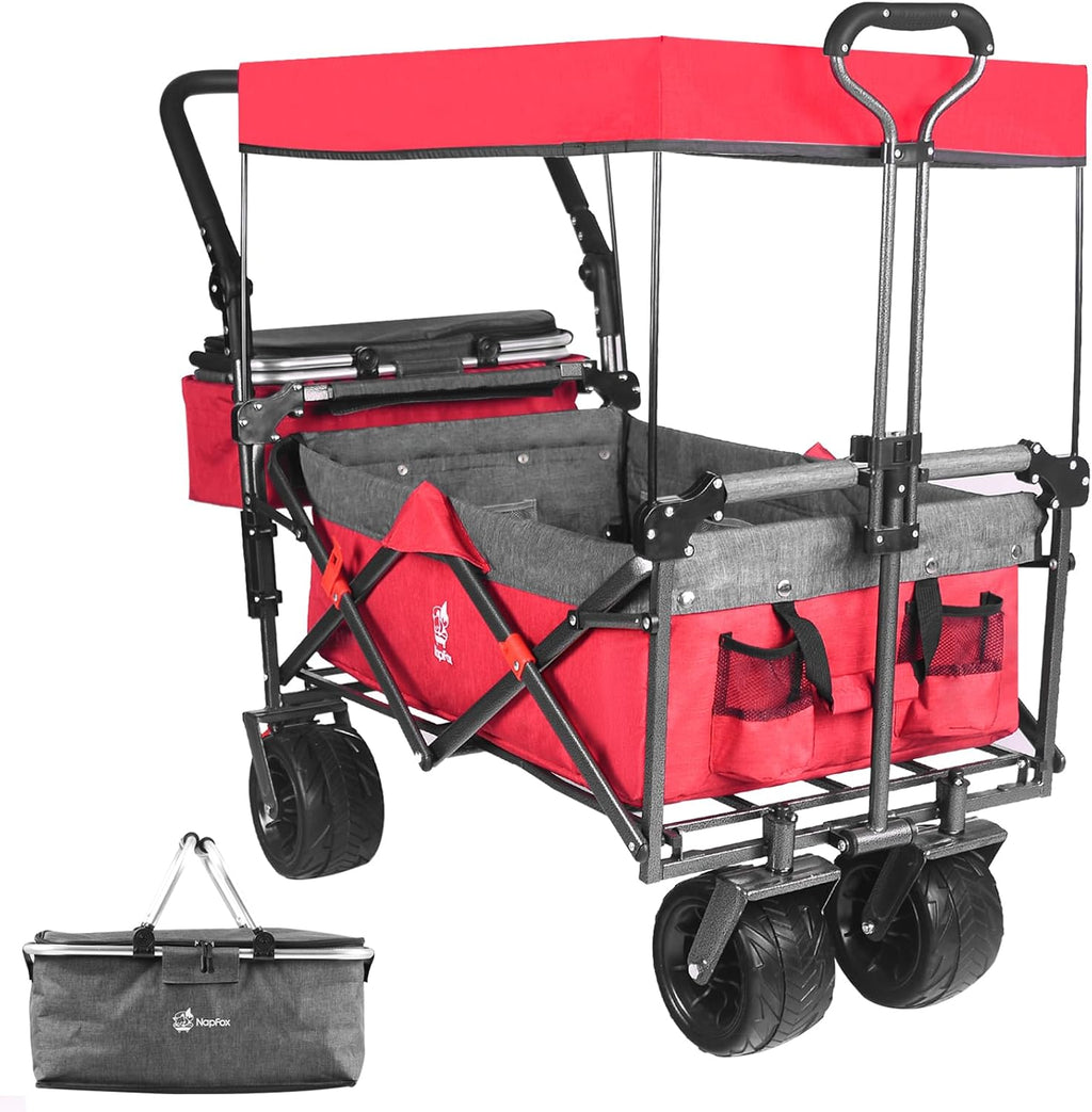 Collapsible Wagon Heavy Duty Folding Wagon Cart with Removable Canopy, 4' Wide Large All Terrain Wheels, Brake, Adjustable Handles,Cooler Bag Utility Carts for Outdoor Garden Wagons Carts Beach Cart