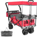 Collapsible Wagon Heavy Duty Folding Wagon Cart with Removable Canopy, 4' Wide Large All Terrain Wheels, Brake, Adjustable Handles,Cooler Bag Utility Carts for Outdoor Garden Wagons Carts Beach Cart