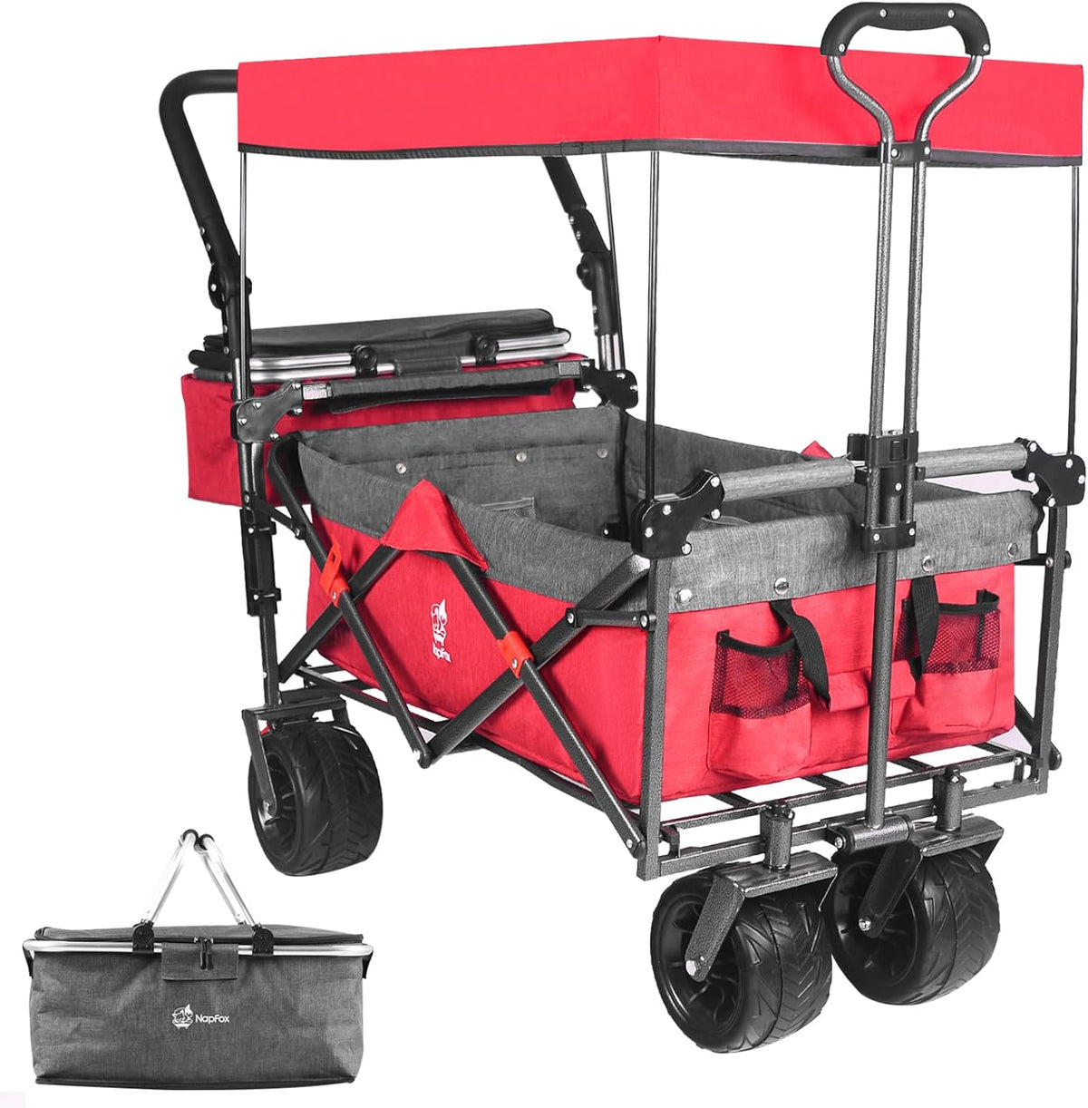 Collapsible Wagon Heavy Duty Folding Wagon Cart with Removable Canopy, 4' Wide Large All Terrain Wheels, Brake, Adjustable Handles,Cooler Bag Utility Carts for Outdoor Garden Wagons Carts Beach Cart